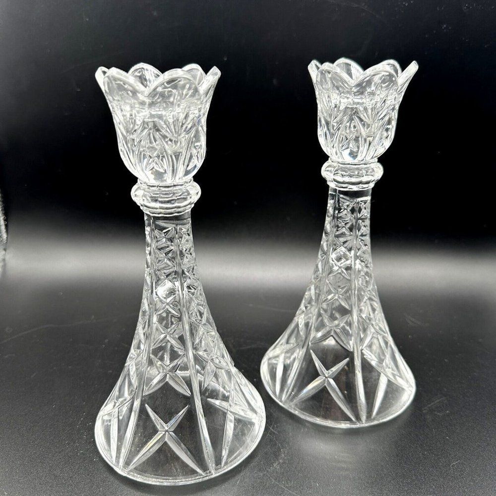 Vintage Crystal Candlestick Holders Pair 8" Clear Heavy 24% Lead Glass USA 1990s